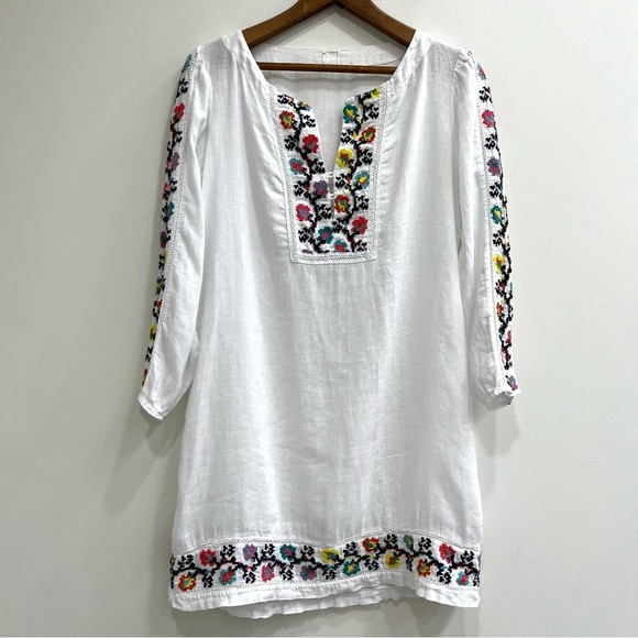 120% Lino white linen colorful floral embroidered shift dress long sleeves 46 - Picture 1 of 13
